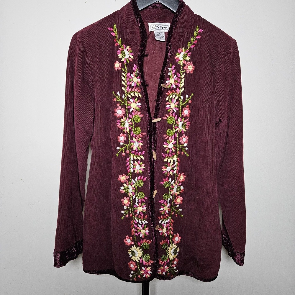 K.A.S. Sport Burgundy Corduroy Embroidered Boho Toggle Jacket Small Penny Lane